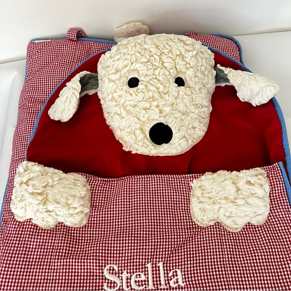 Pottery Barn Kids Red White Blue Gingham Sleeping Bag Shaggy Dog Pup Checkers - Picture 9 of 16